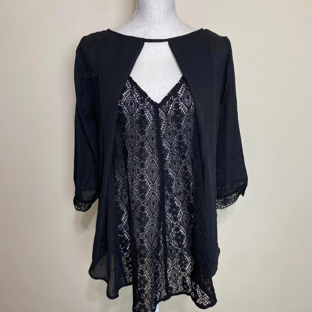 Entro Cardigan 3/4 Sleeve Inner Lace Top Women's Black‎ Cardigan Layering small